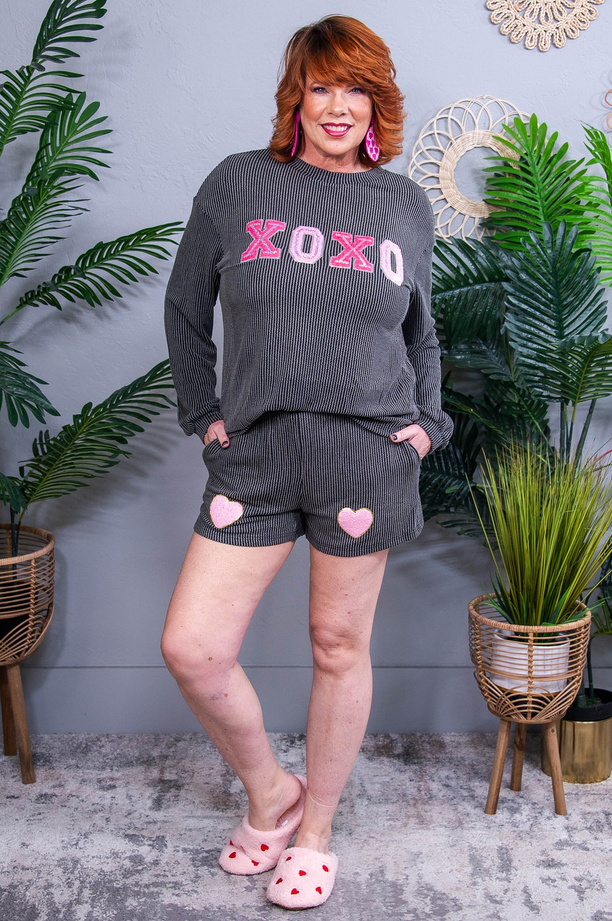 Don't Break My Heart Dark Gray/Multi Color Sherpa/Heart Printed Top/Short(2-Piece Set) - T10799DGR