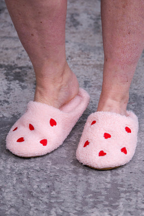 I Am So Loved Pink/Red Heart Printed Fuzzy Slippers - SHO2762PK