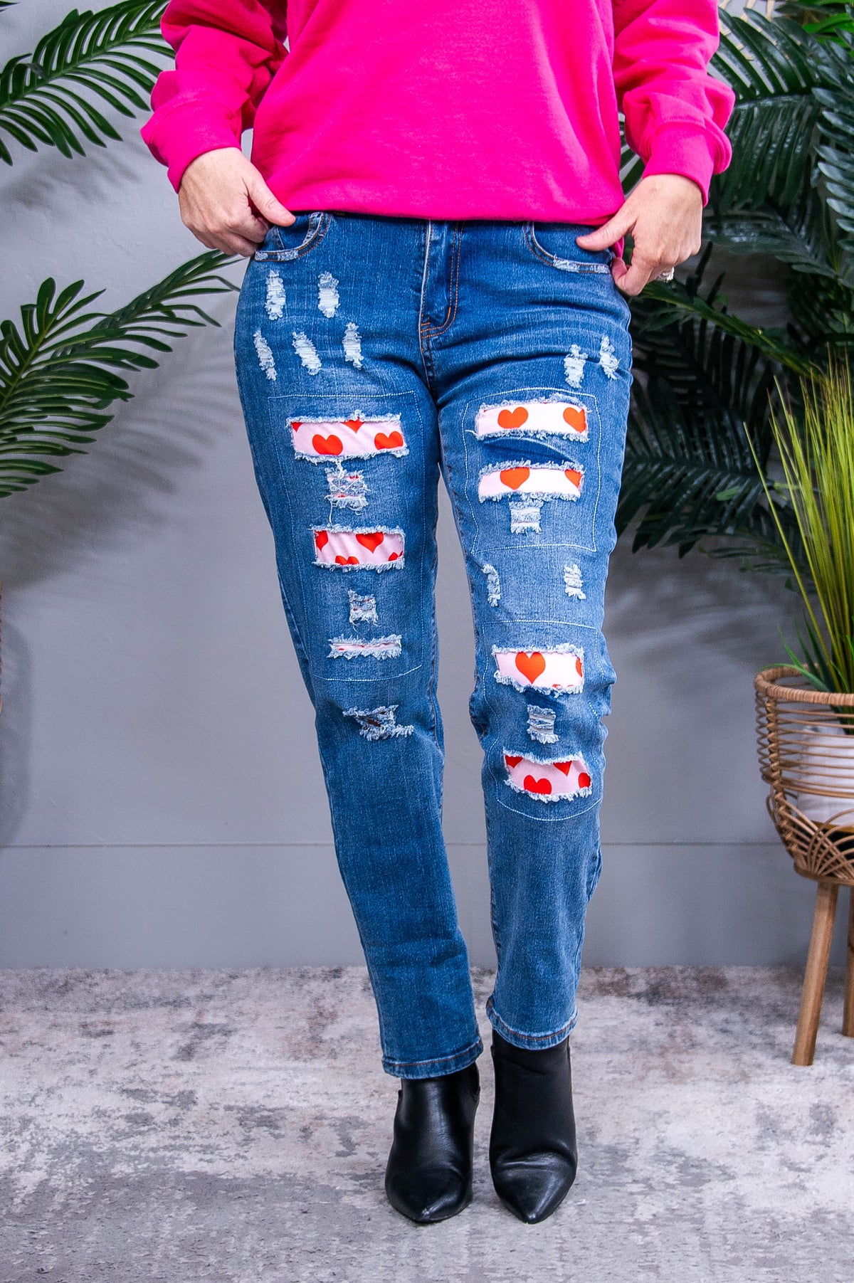 Juliet Medium Denim/Heart Printed Distressed Jeans - K1273DN