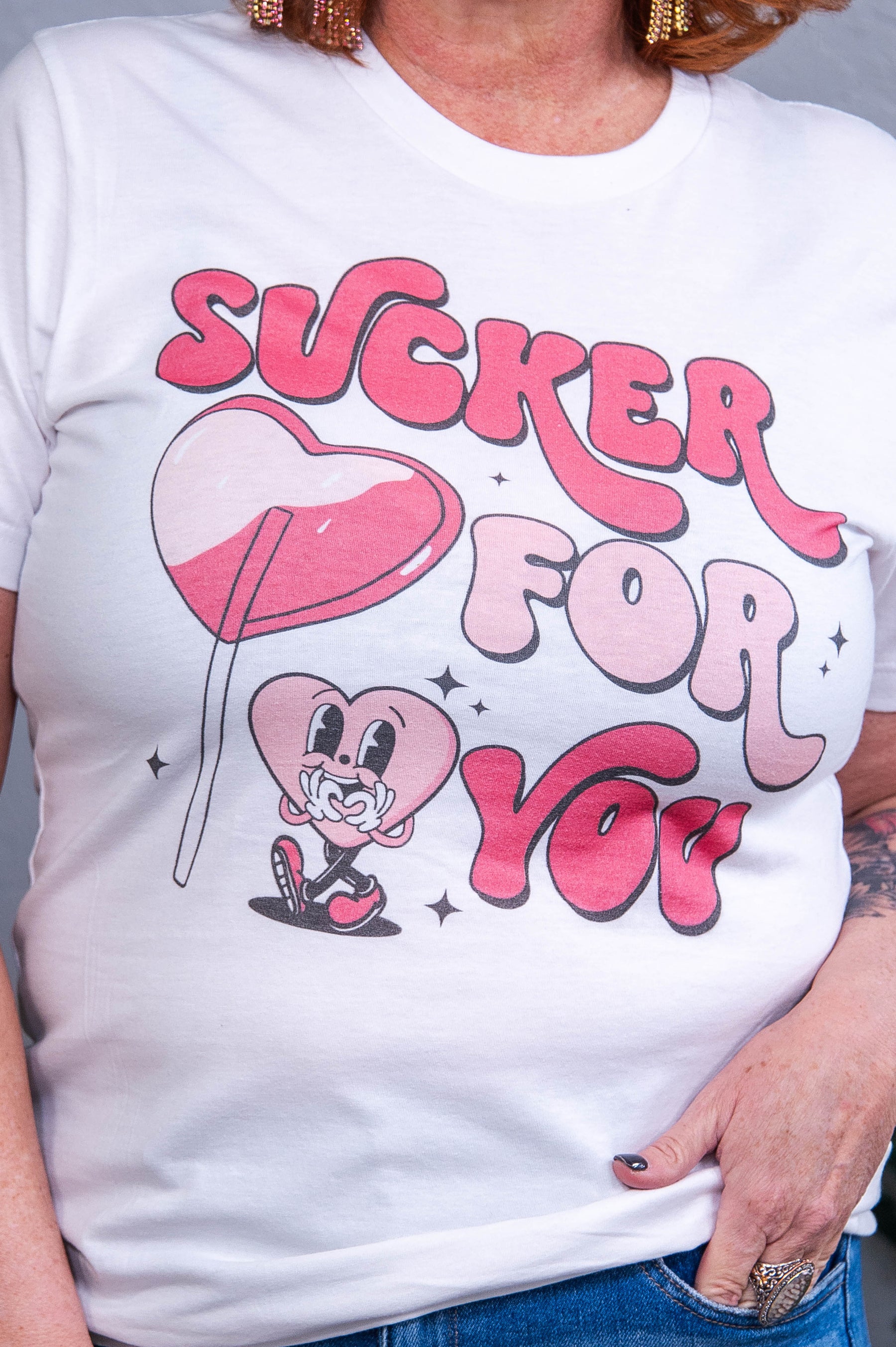 Sucker For You White Heart Printed Graphic Tee - A3904WH