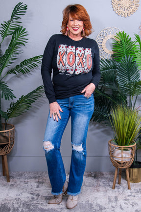 XOXO Black Long Sleeve Graphic Tee- A3901BK