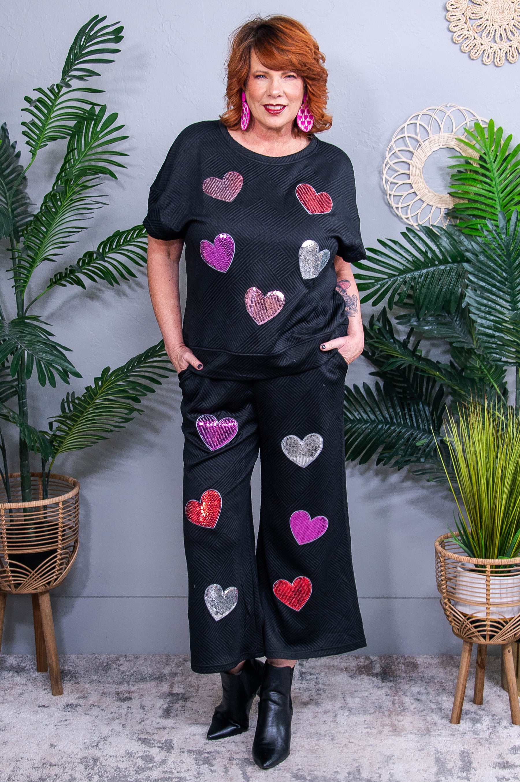 Don't Go Breaking My Heart Black Sequins/Heart Printed Top/Pant(2pc Set) - T10829BK