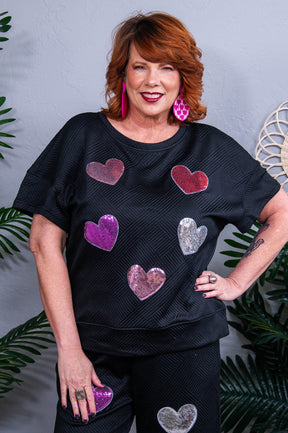 Don't Go Breaking My Heart Black Sequins/Heart Printed Top/Pant(2pc Set) - T10829BK