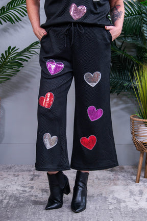 Don't Go Breaking My Heart Black Sequins/Heart Printed Top/Pant(2pc Set) - T10829BK