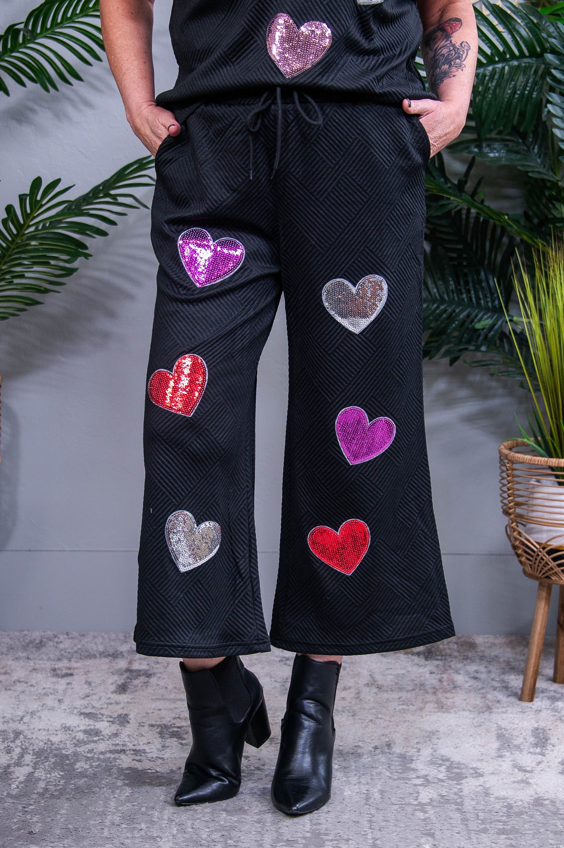 Don't Go Breaking My Heart Black Sequins/Heart Printed Top/Pant(2pc Set)