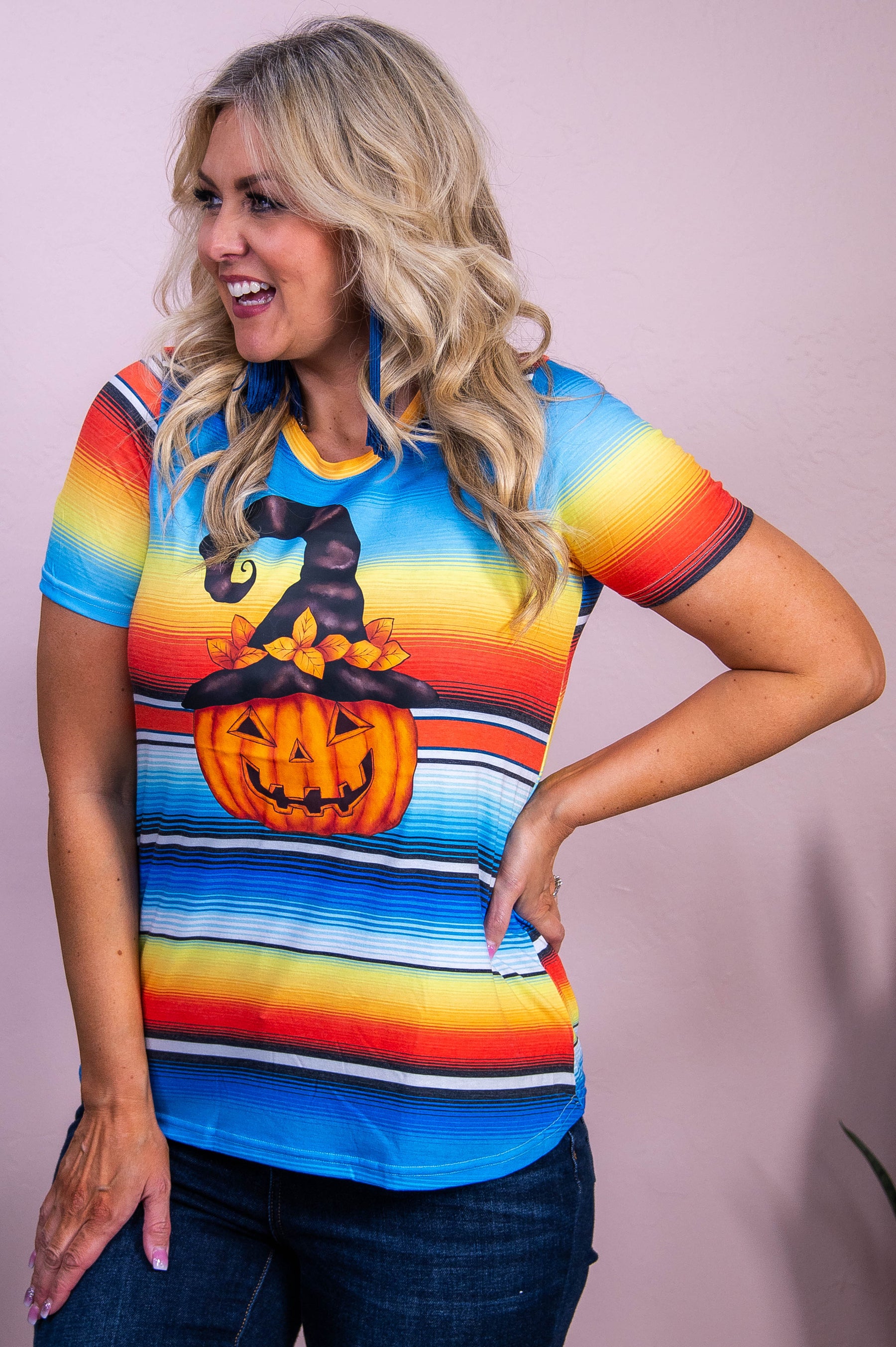 Give Em Pumpkin To Talk About Orange/Multi Color Serpe Jack o'lantern Top - T10188OR