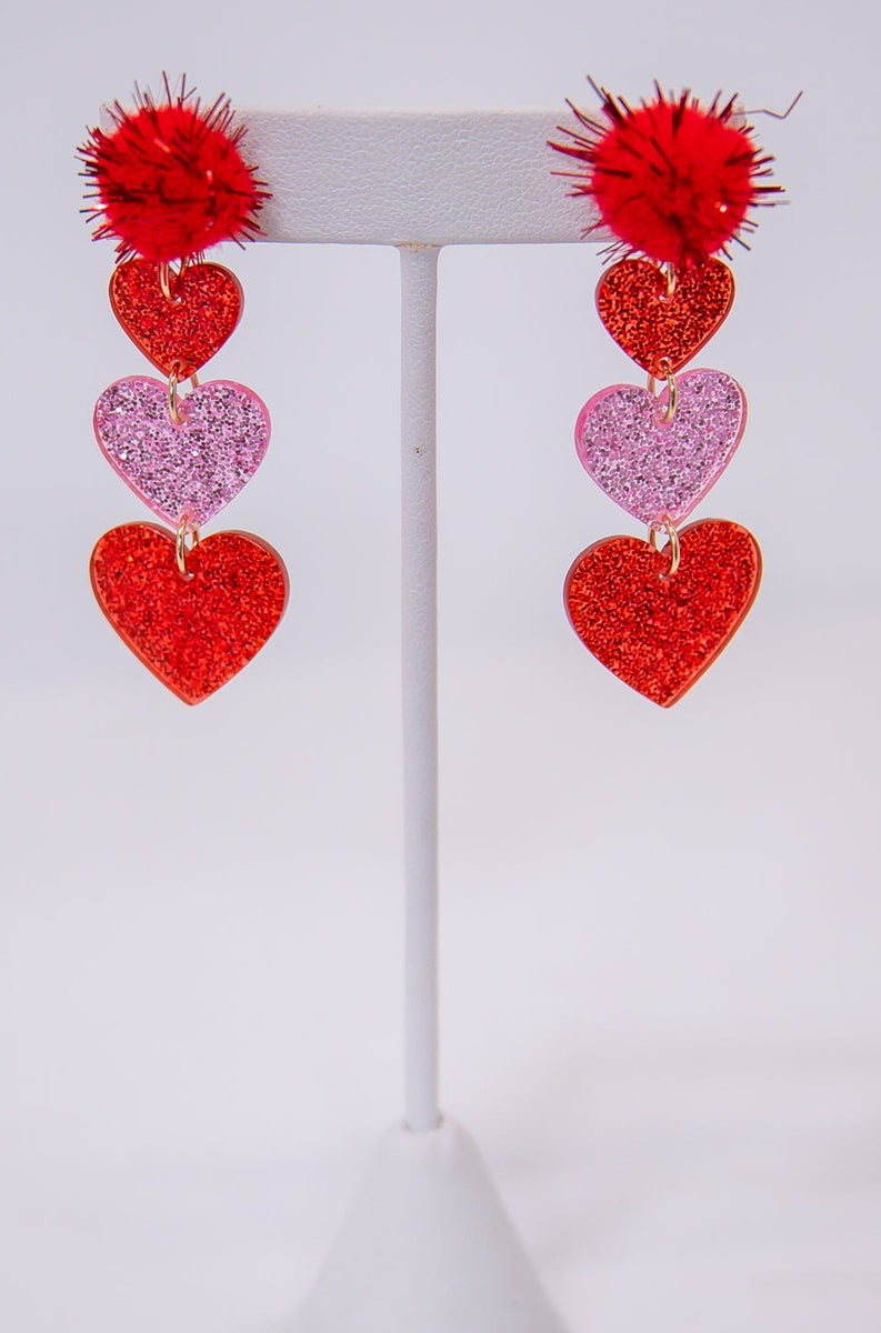 Heart & Pom-Pom Dangle Earrings in Red