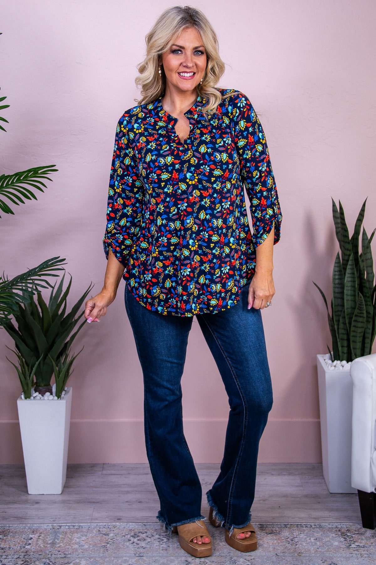 It's My World Navy/Multi Color Floral Top - T10191NV