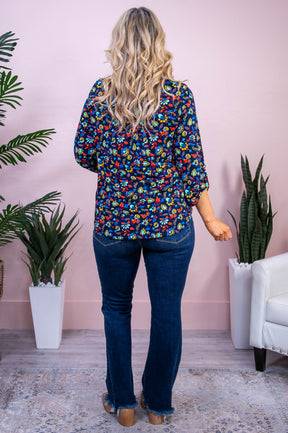 It's My World Navy/Multi Color Floral Top - T10191NV