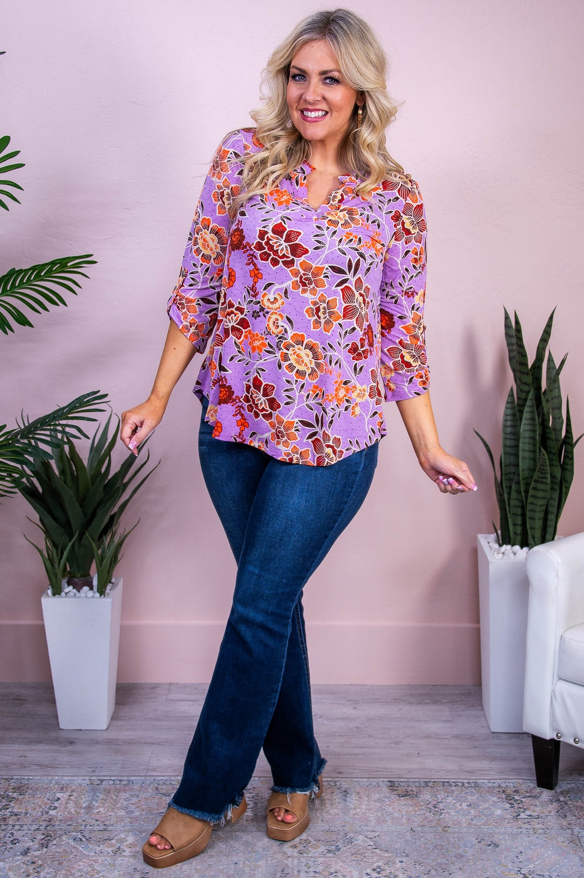 Wildflower Daze Lavender/Red/Orange Floral Top - T10194LV