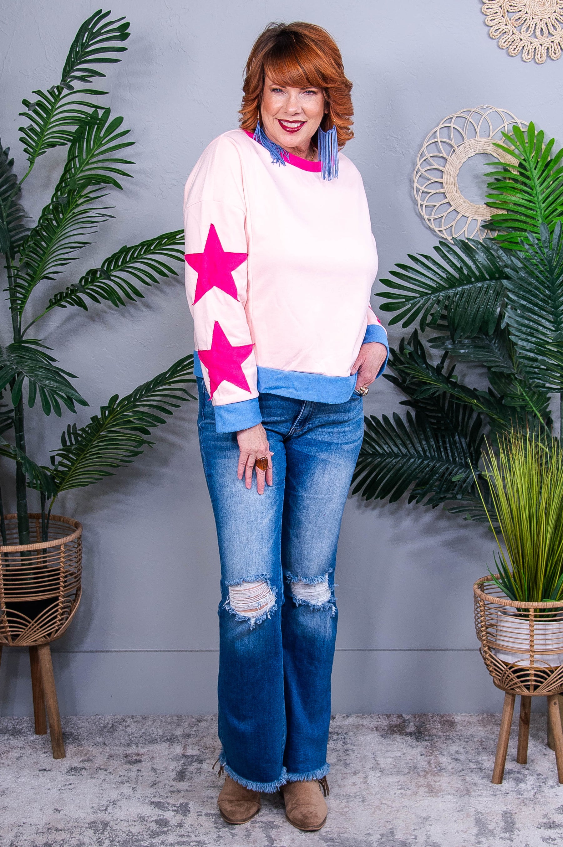 Reaching For The Stars Light Pink Star Patchwork Oversized Sweatshirt Top