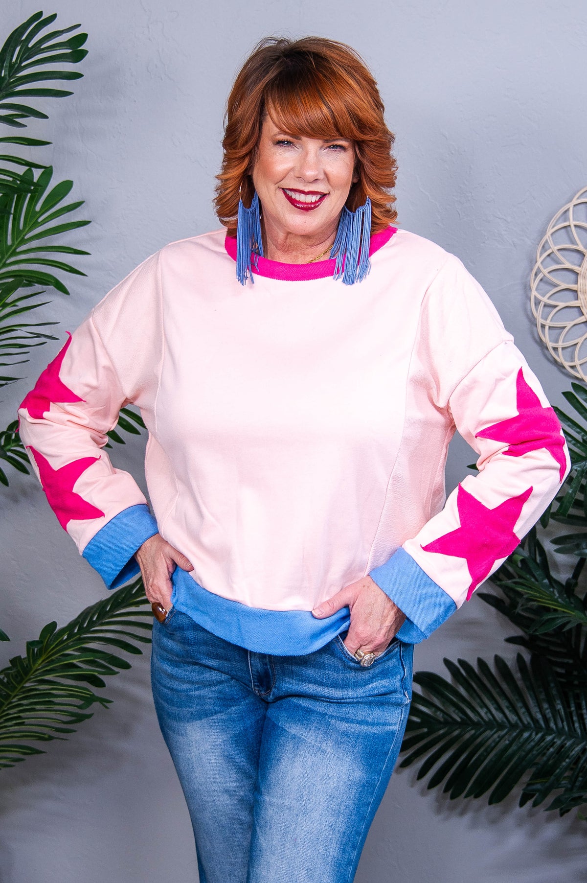 Reaching For The Stars Light Pink Star Patchwork Oversized Sweatshirt Top - T10977PK
