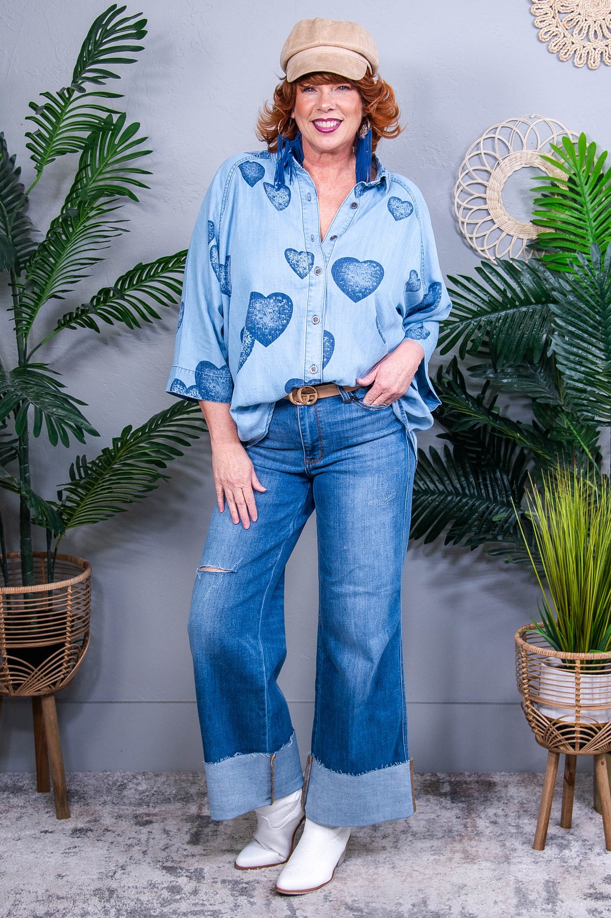 Our Hearts Are One Medium/Dark Denim Heart Printed Top - T10807DN