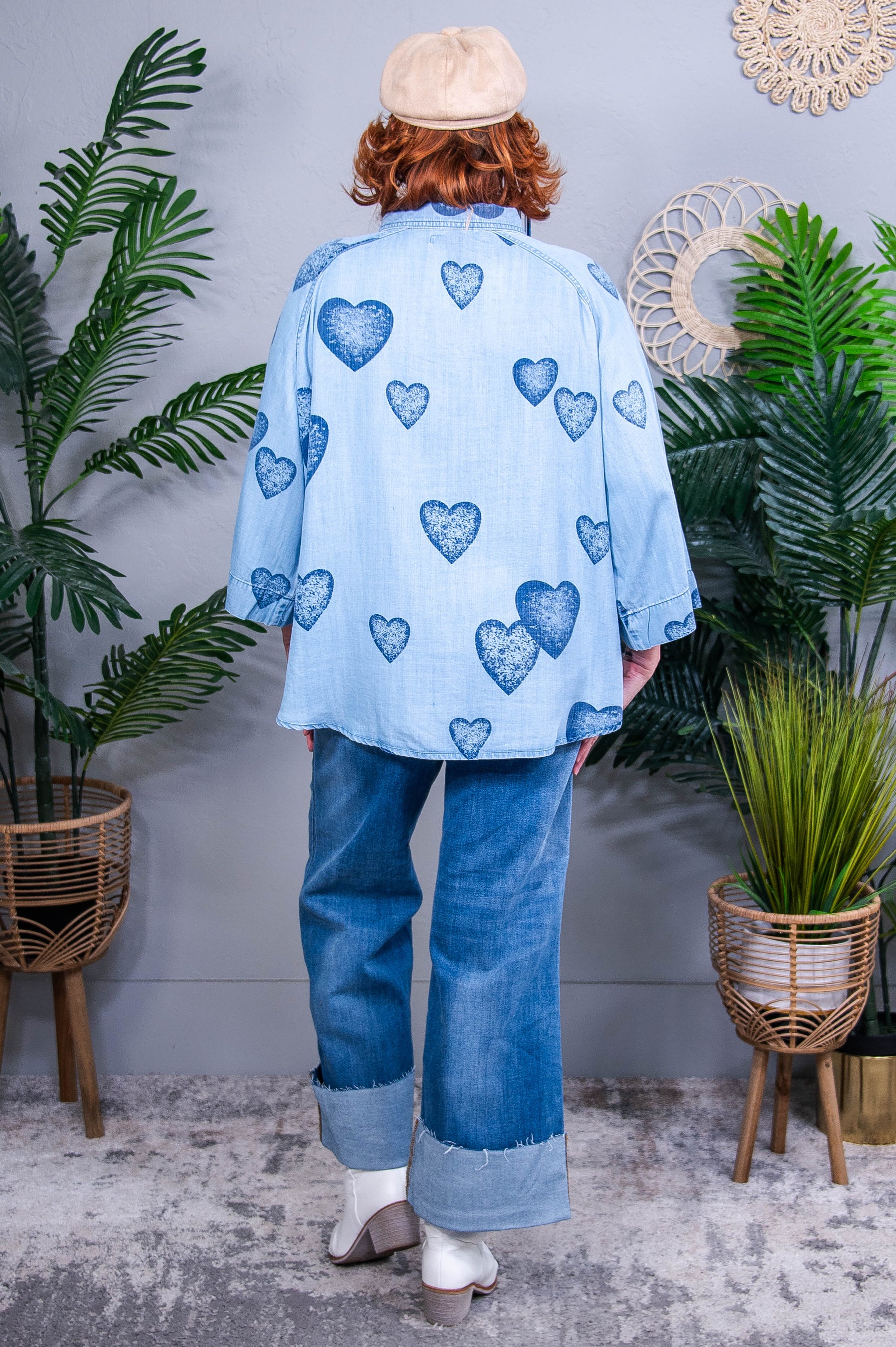 Our Hearts Are One Medium/Dark Denim Heart Printed Top - T10807DN