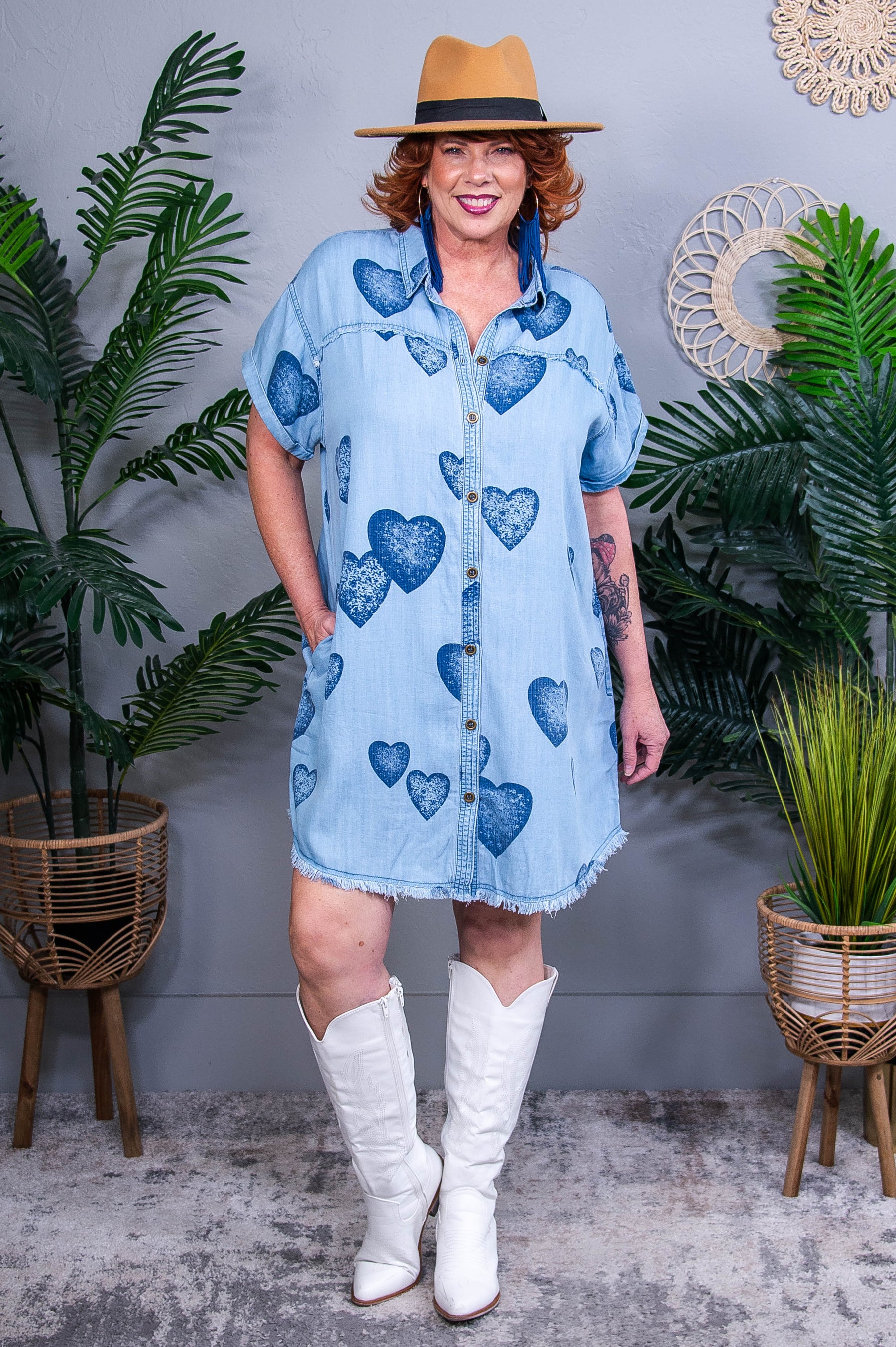 Keep Following Your Heart Medium/Dark Denim Heart Printed Dress - D5584DN