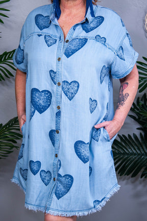 Keep Following Your Heart Medium/Dark Denim Heart Printed Dress - D5584DN