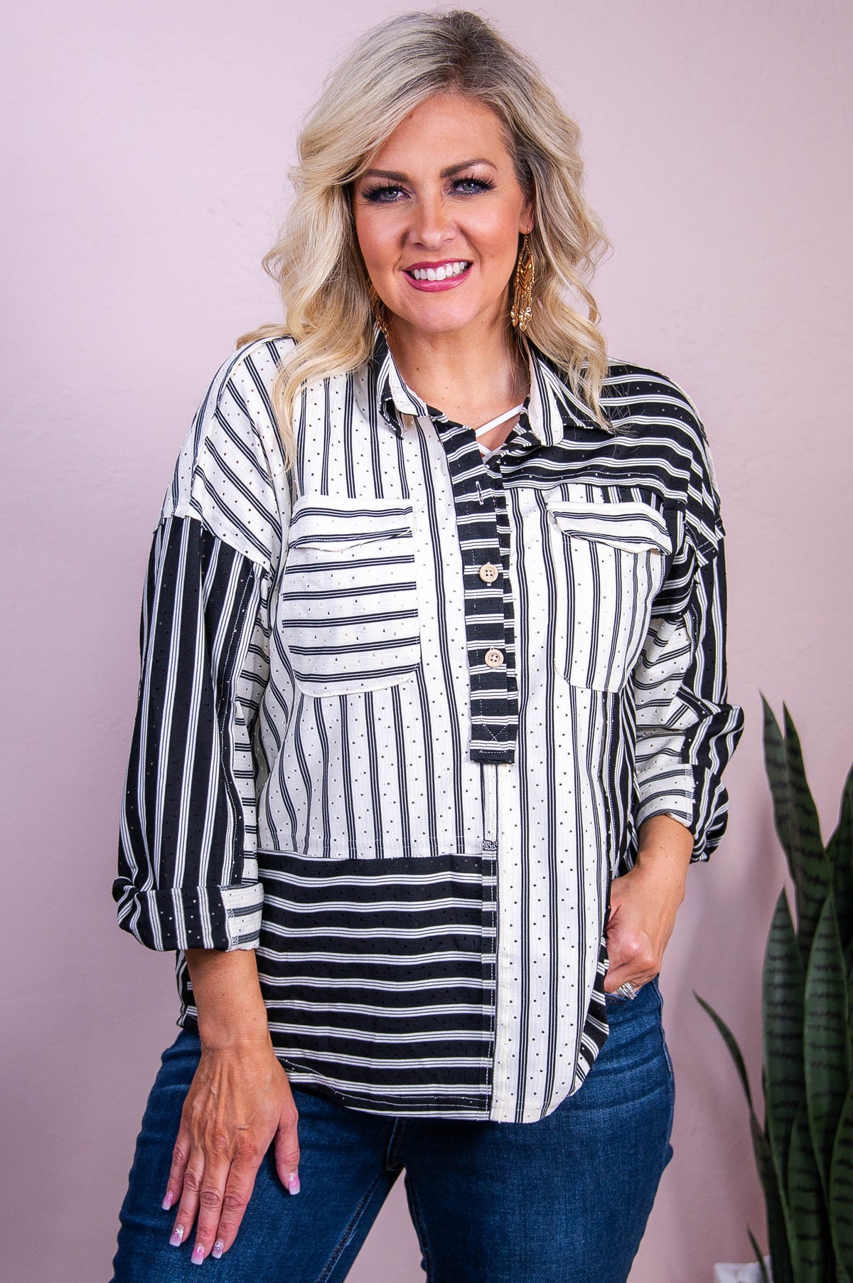 Changing Fate Black/Ivory Striped Top - T10200BK