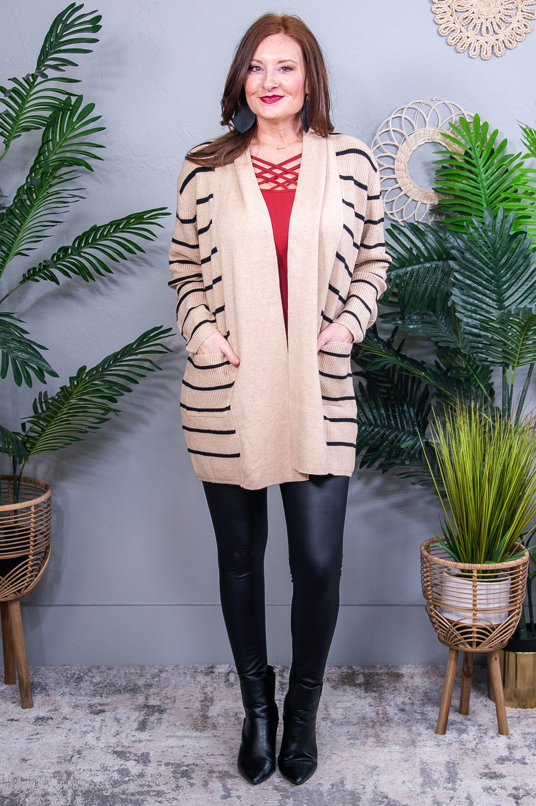 Always One Step Ahead Tan with Black Stripes Open Cardigan- O5751TN