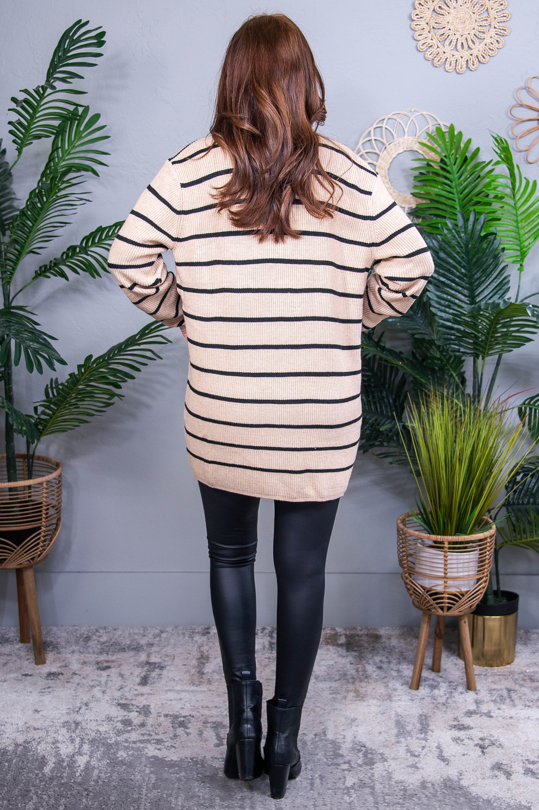 Always One Step Ahead Tan with Black Stripes Open Cardigan- O5751TN