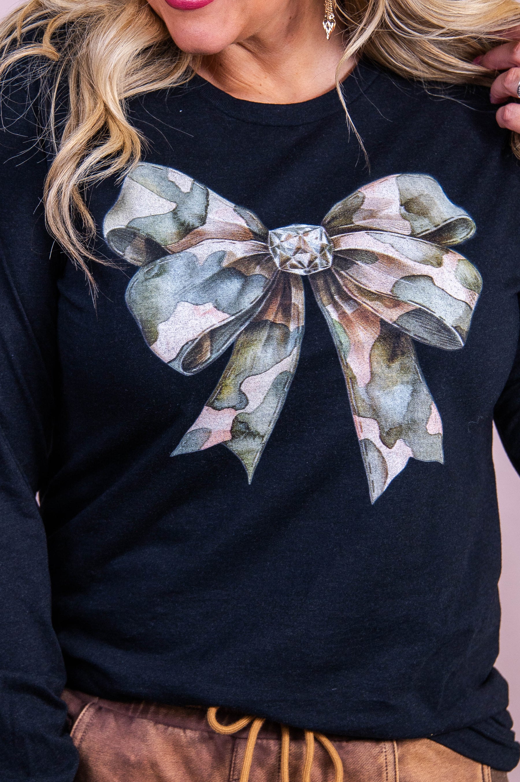 Pretty In Pink Dangerous In Camo Black Camouflage Bow Graphic Tee - A3519BK