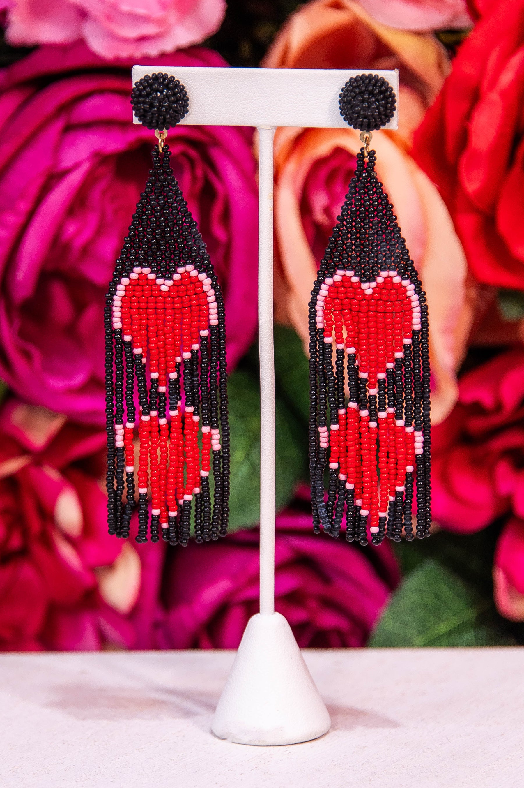 Black/Red Heart Seed Beads Tassel Drop Earrings - EAR4205BK