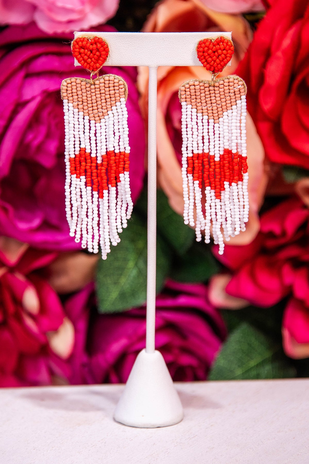 Red/White Seed Beads Heart Tassel Earrings - EAR4462RD