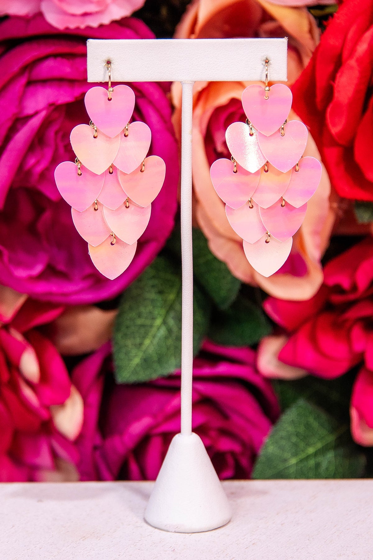 Pink Iridescent Heart Chandelier Earrings - EAR4453PK