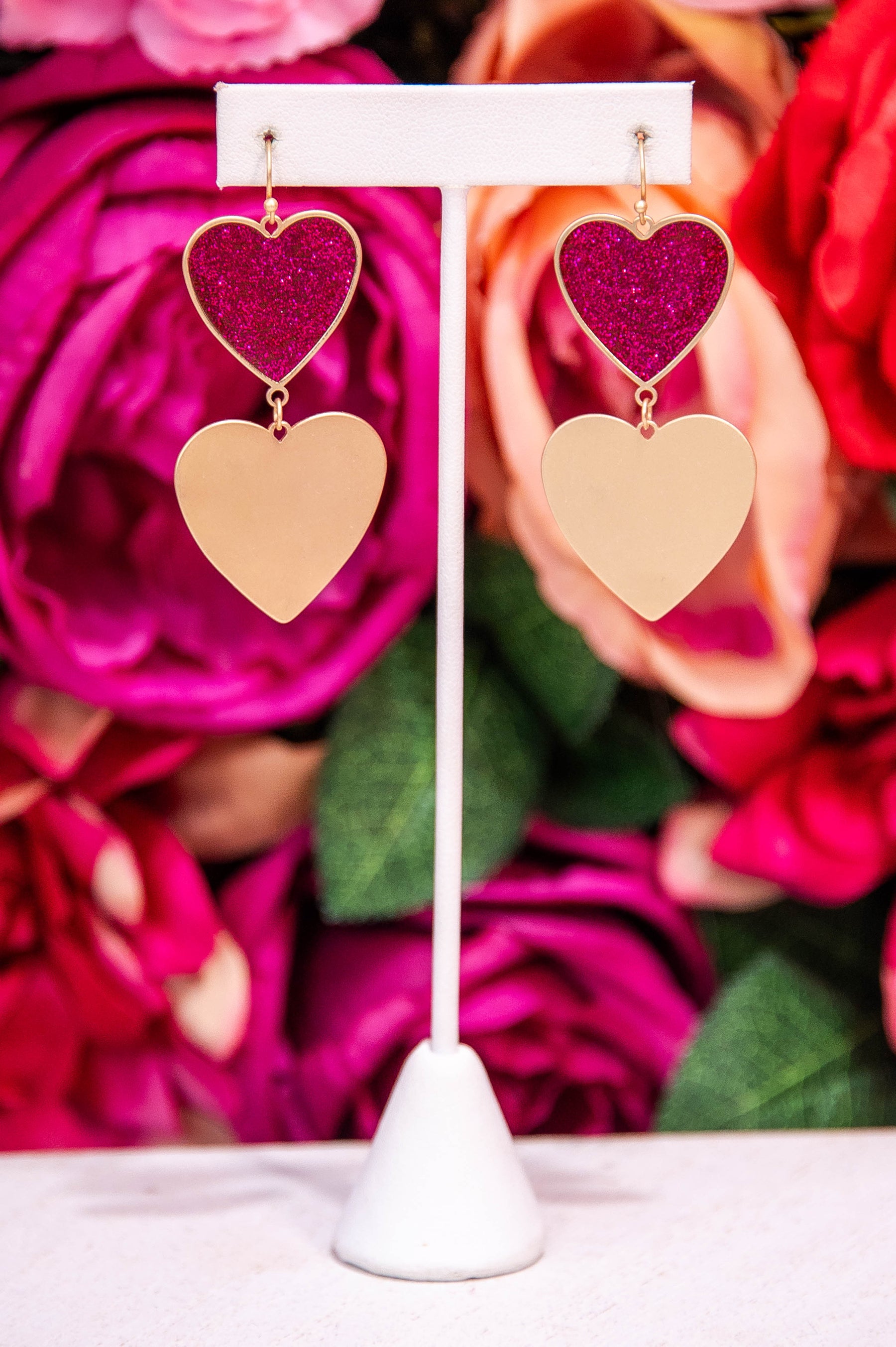 Magenta Glitter Double Heart Dangle Earrings - EAR4459MG