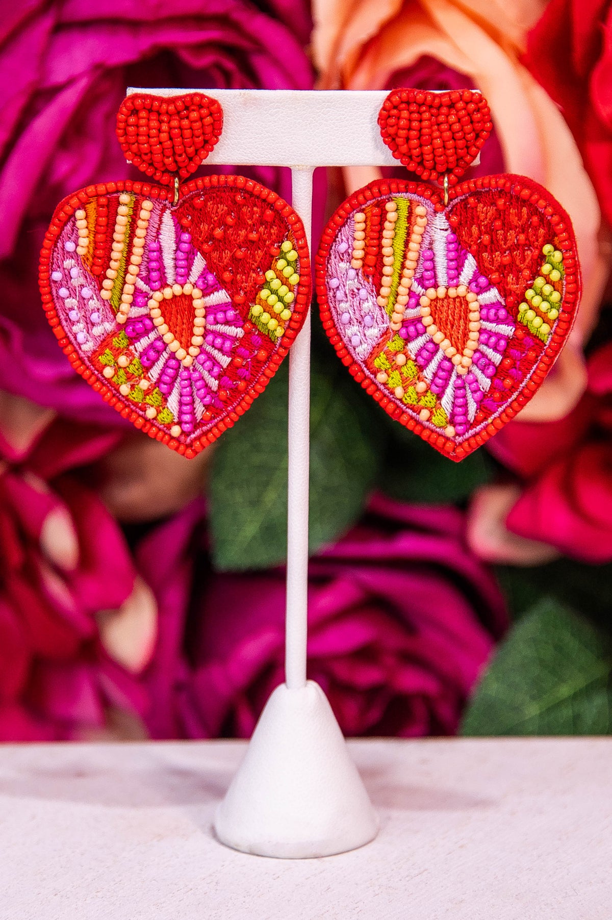 Red Seed Beads Heart Dangle Earrings - EAR4460RD