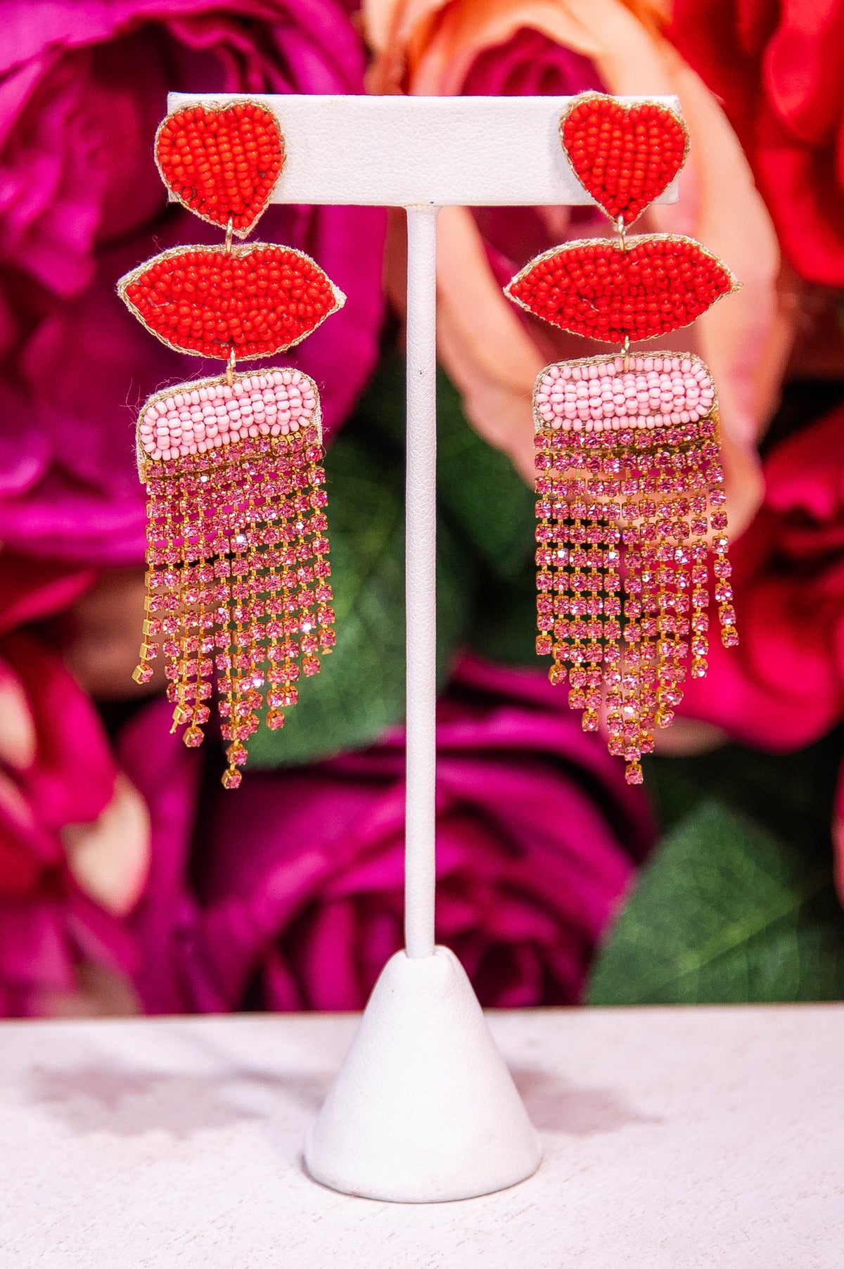 Red/Pink Seed Beads Lip Crystal Tassel Earrings - EAR4461RD