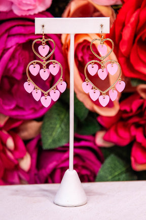 Pink/Gold Double Heart Dangle Earrings - EAR4454PK