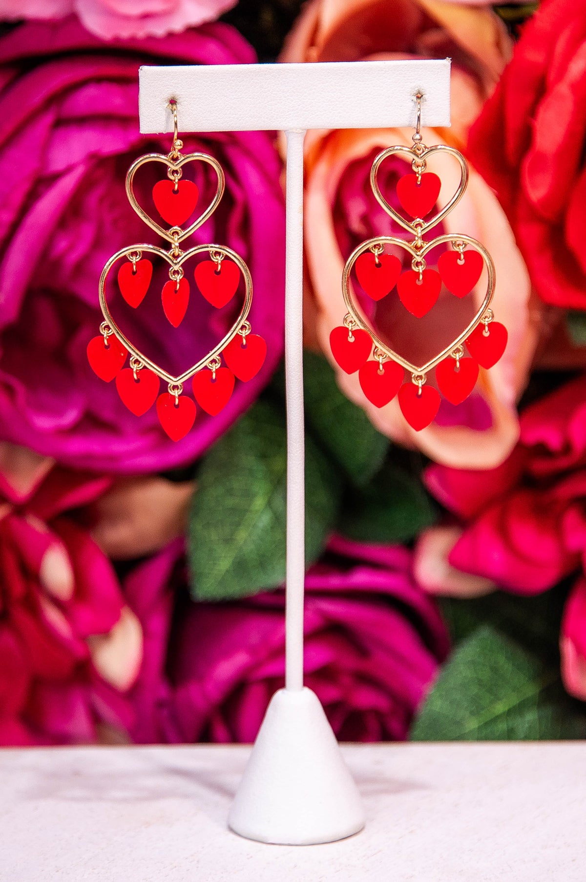 Red/Gold Double Heart Dangle Earrings - EAR4455RD