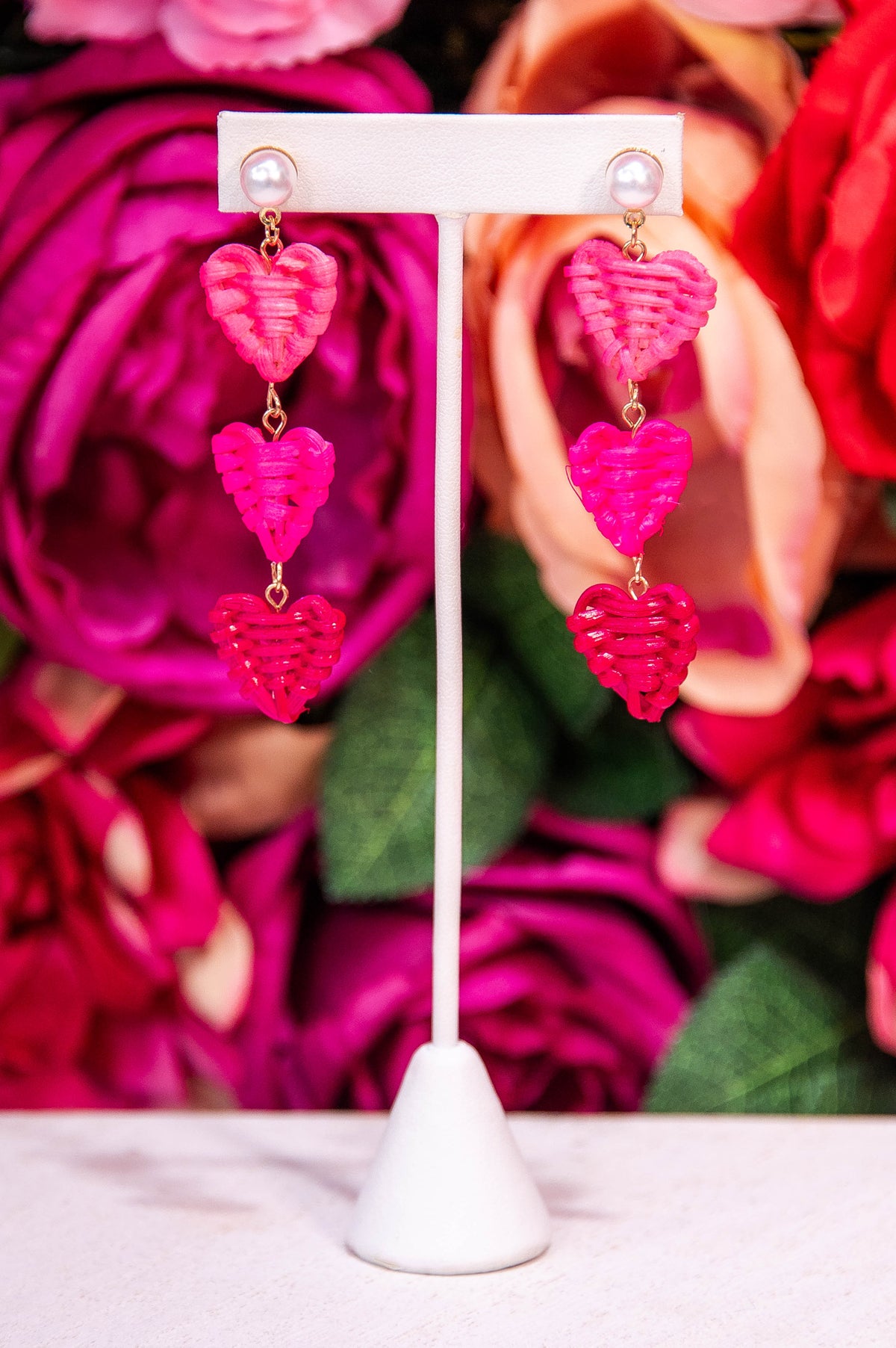 Pink Rattan Triple Heart Drop Earrings - EAR4458PK