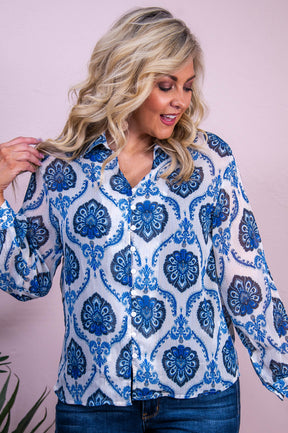 Hope For Success Blue/White Printed Sheer Top - T10216BL