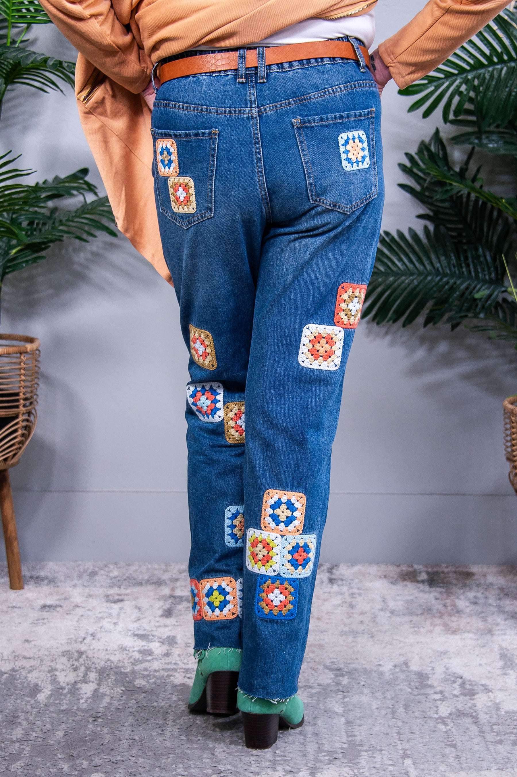 Arabelle Medium Denim Crocheted Patches Jean - K1275DN