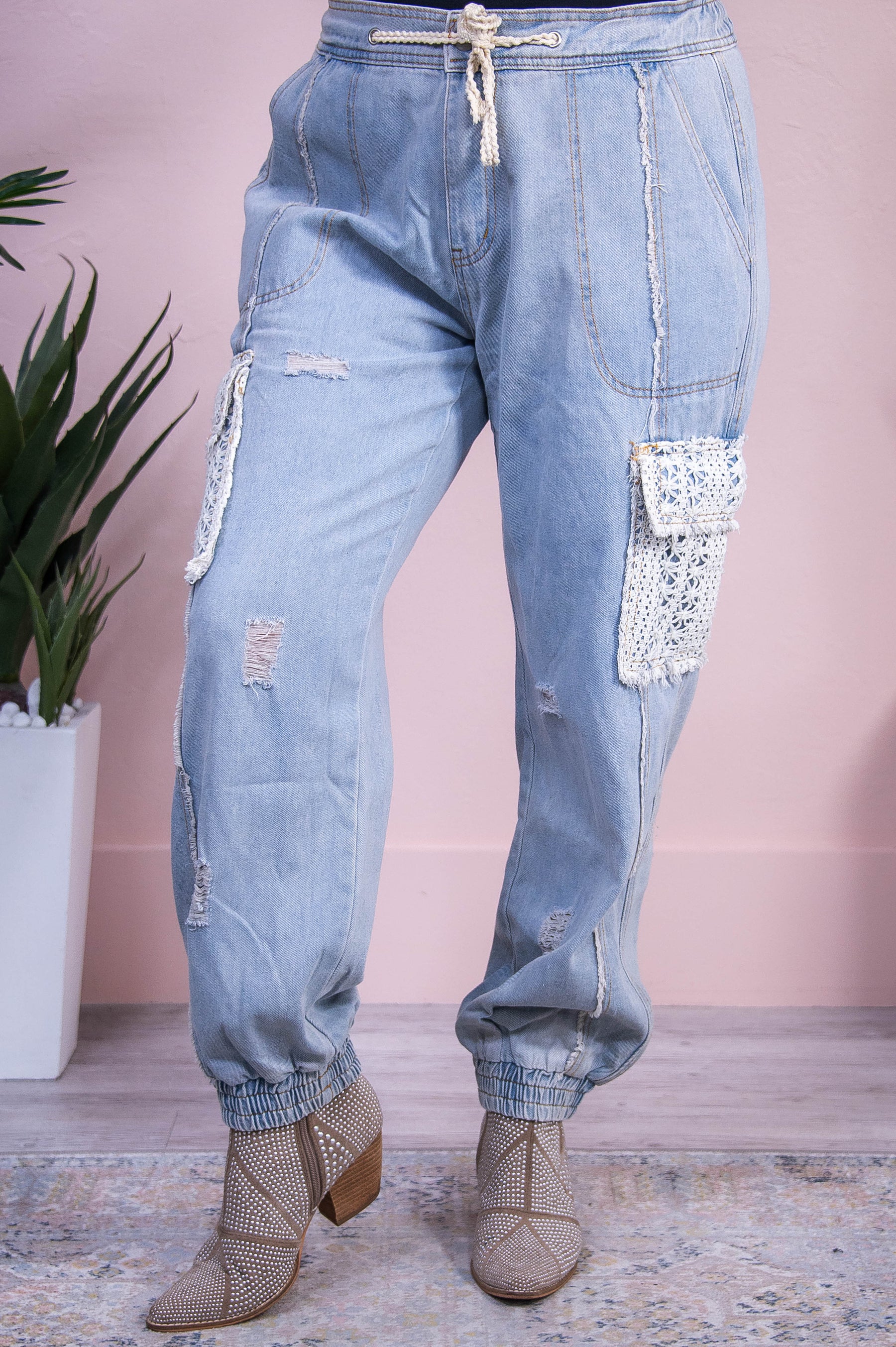 Rowan Light Denim/Ivory Crochet Distressed/Frayed Jeans - K1204LDN