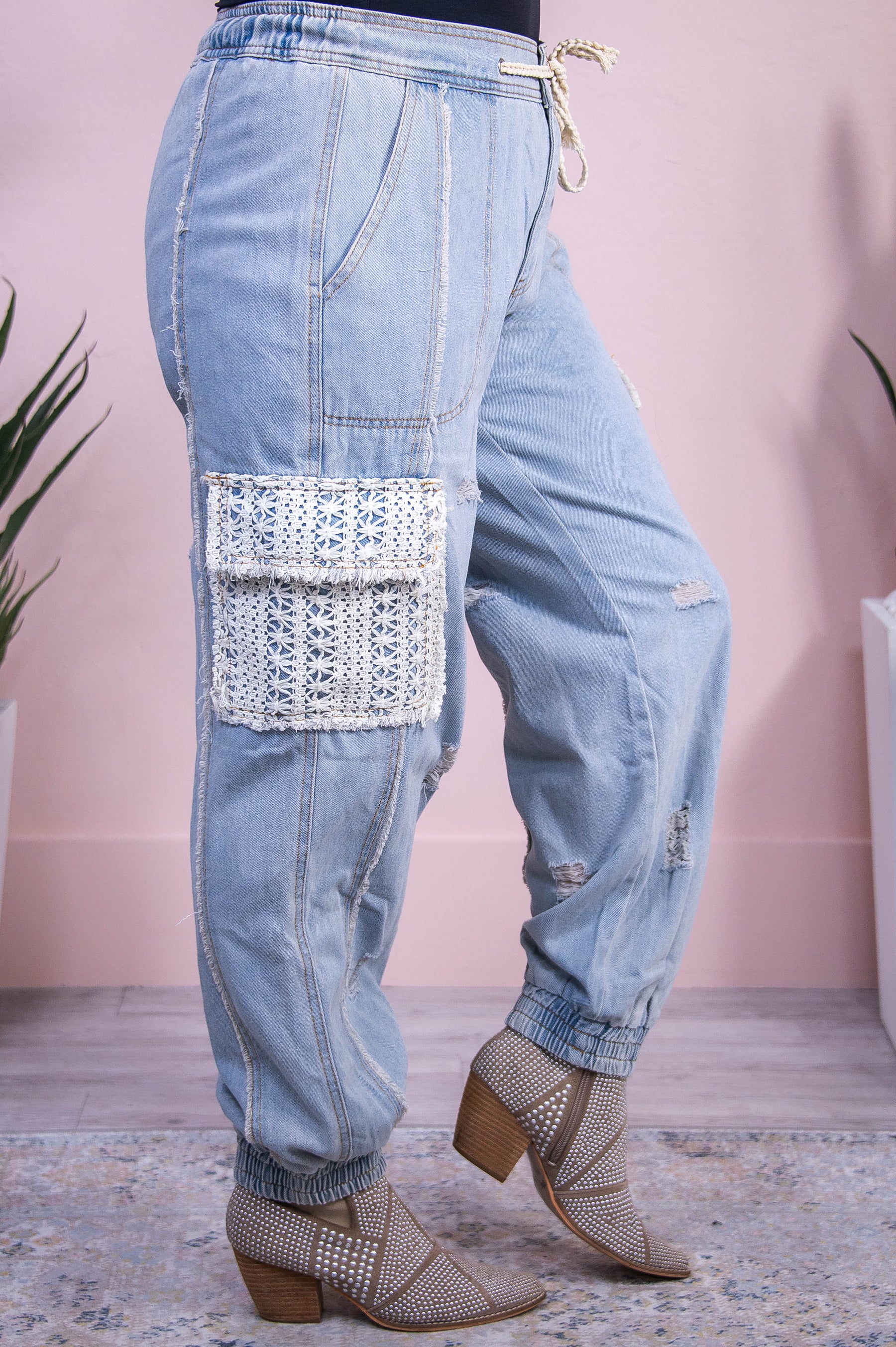 Rowan Light Denim/Ivory Crochet Distressed/Frayed Jeans - K1204LDN