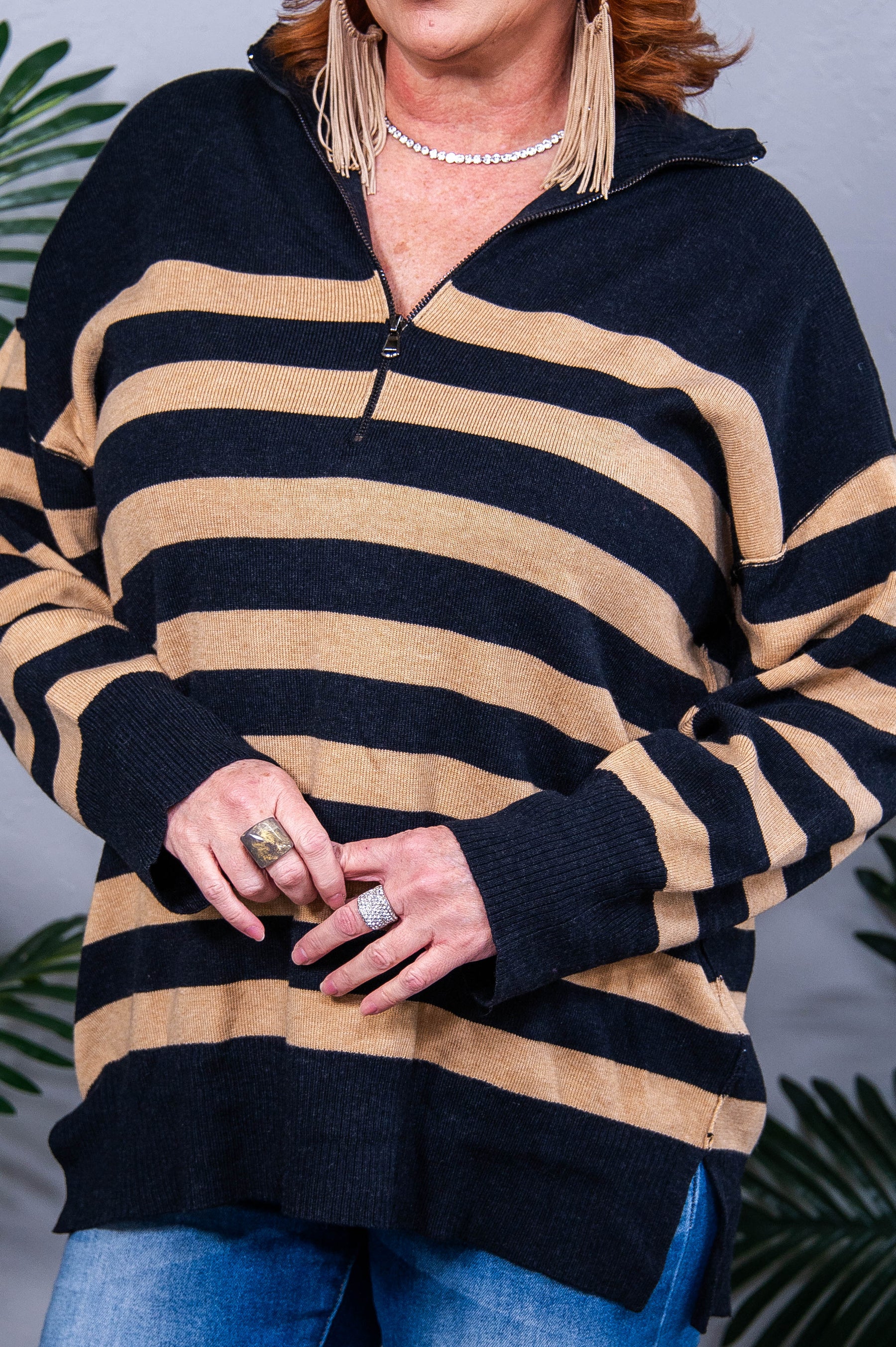 Well Situated Striped Quarter Zip Sweater in Black and Tan