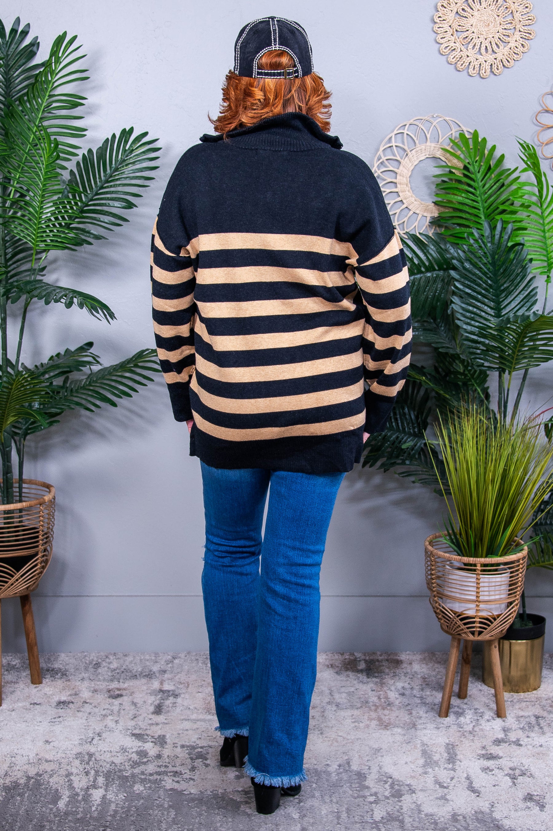 Well Situated Striped Quarter Zip Sweater in Black and Tan