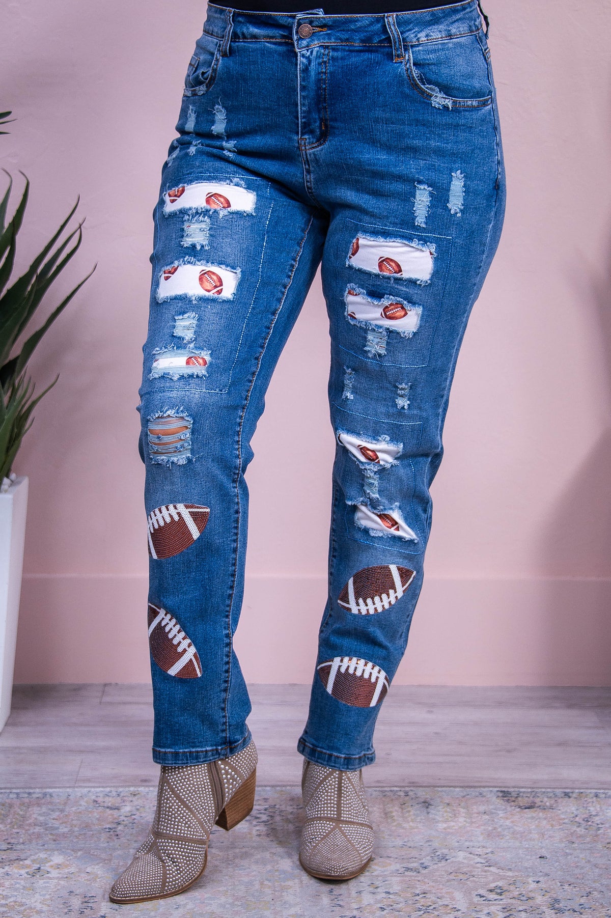 Carly Medium Denim Distressed Patch/Sequin Football Jeans - K1206MDN