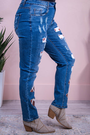 Carly Medium Denim Distressed Patch/Sequin Football Jeans - K1206MDN