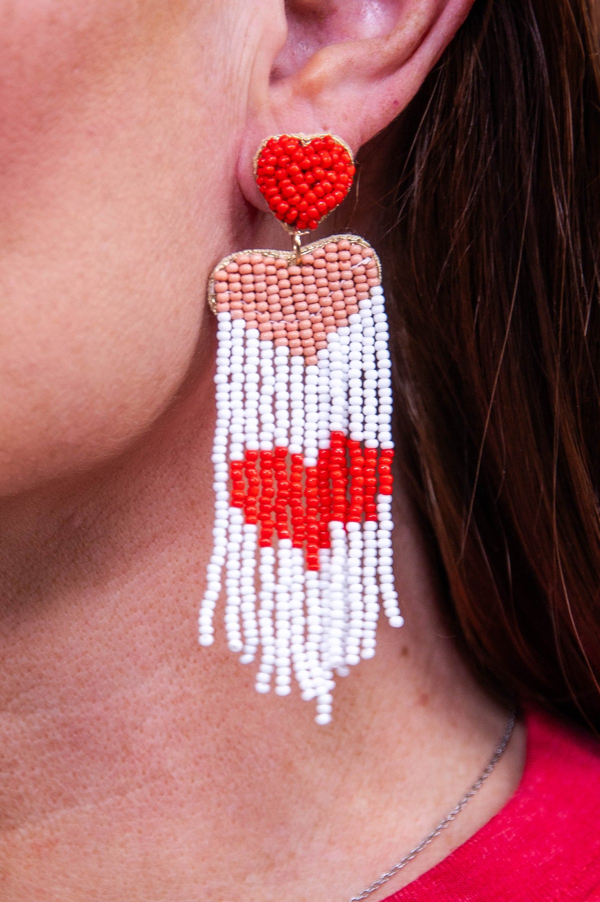 Red/White Seed Beads Heart Tassel Earrings - EAR4462RD