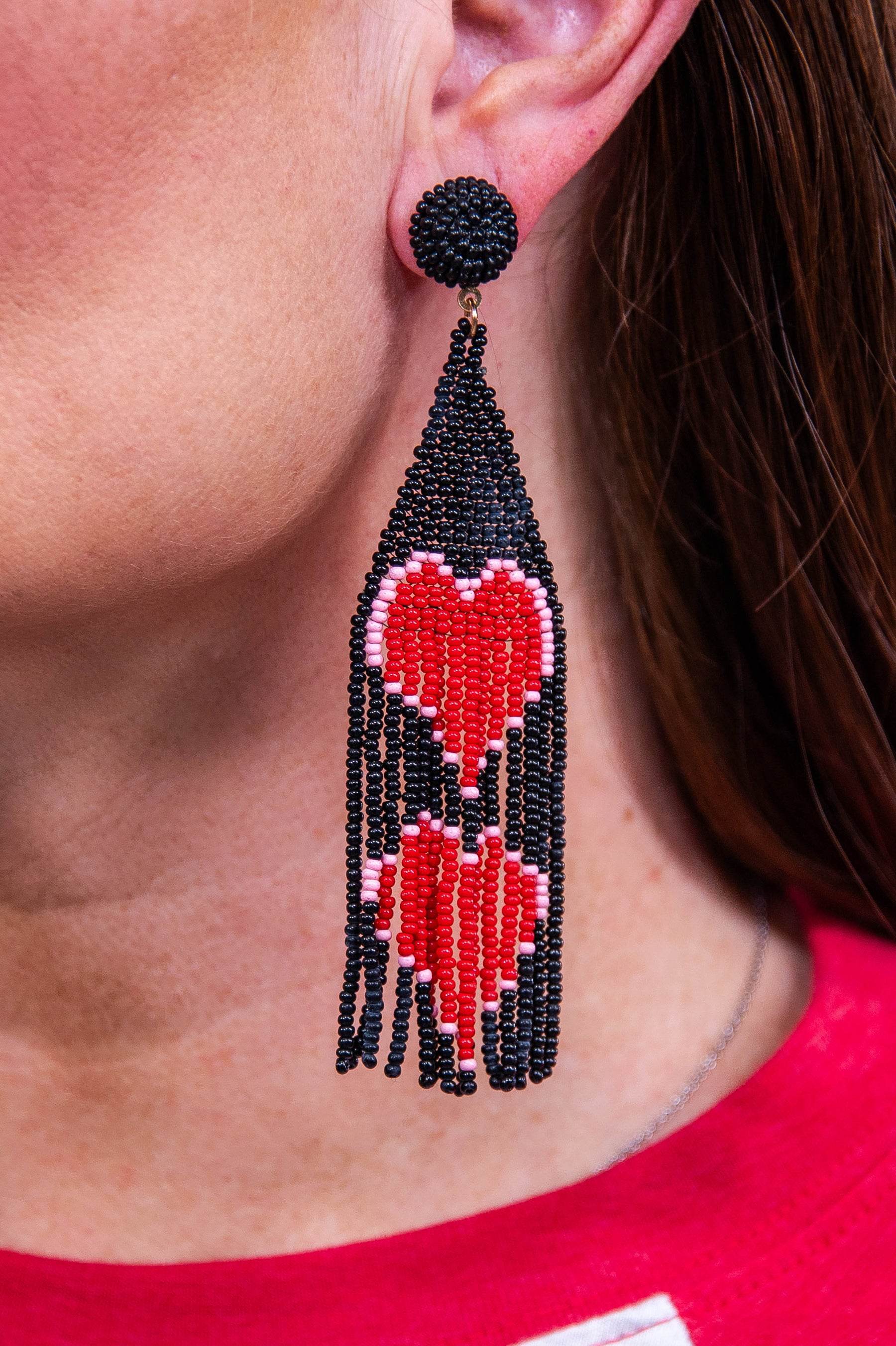 Black/Red Heart Seed Beads Tassel Drop Earrings - EAR4205BK