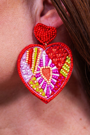 Red Seed Beads Heart Dangle Earrings - EAR4460RD