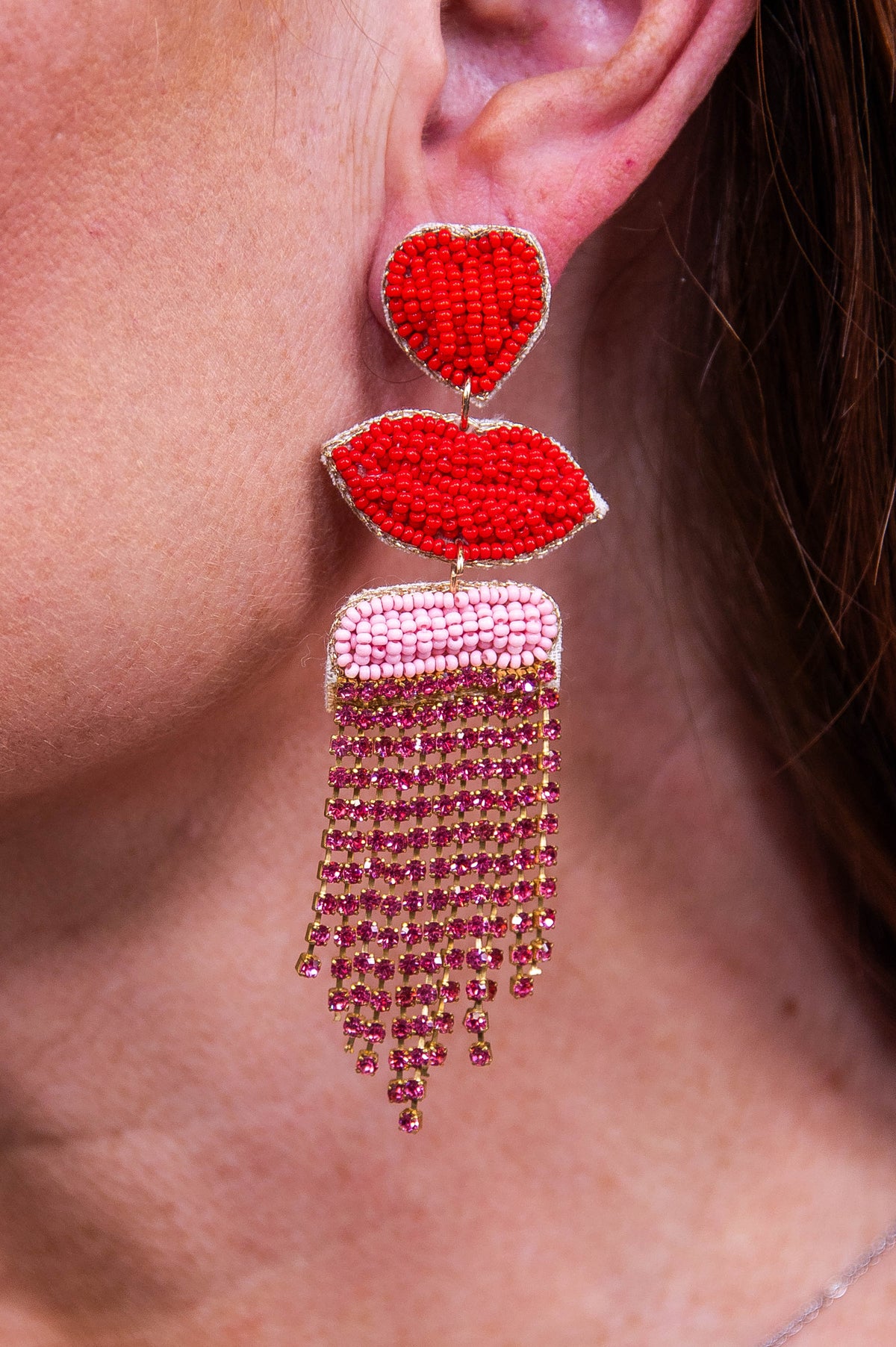 Red/Pink Seed Beads Lip Crystal Tassel Earrings - EAR4461RD