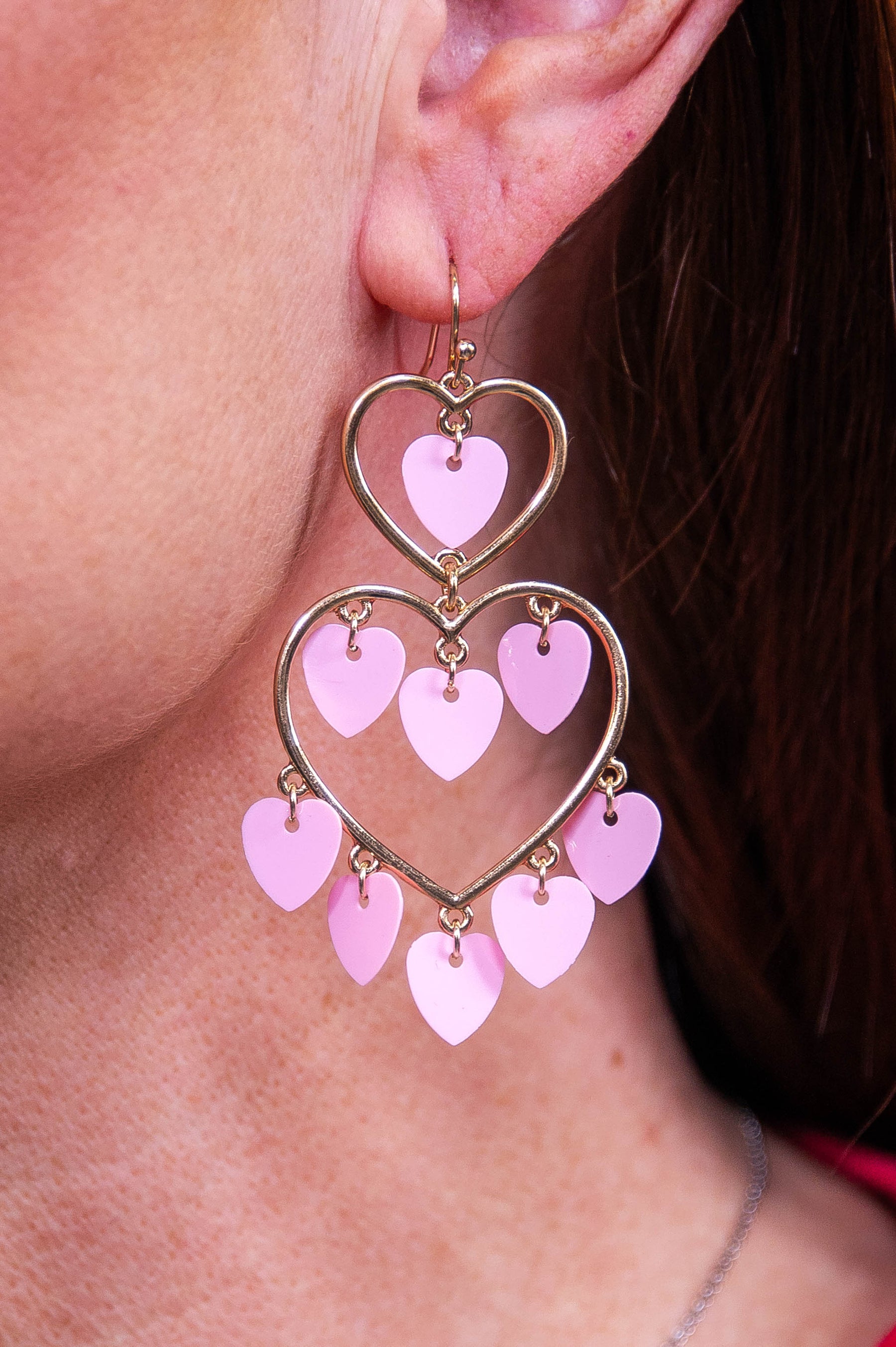 Pink/Gold Double Heart Dangle Earrings - EAR4454PK