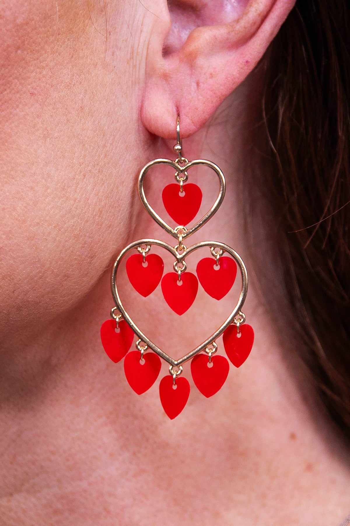 Red/Gold Double Heart Dangle Earrings - EAR4455RD