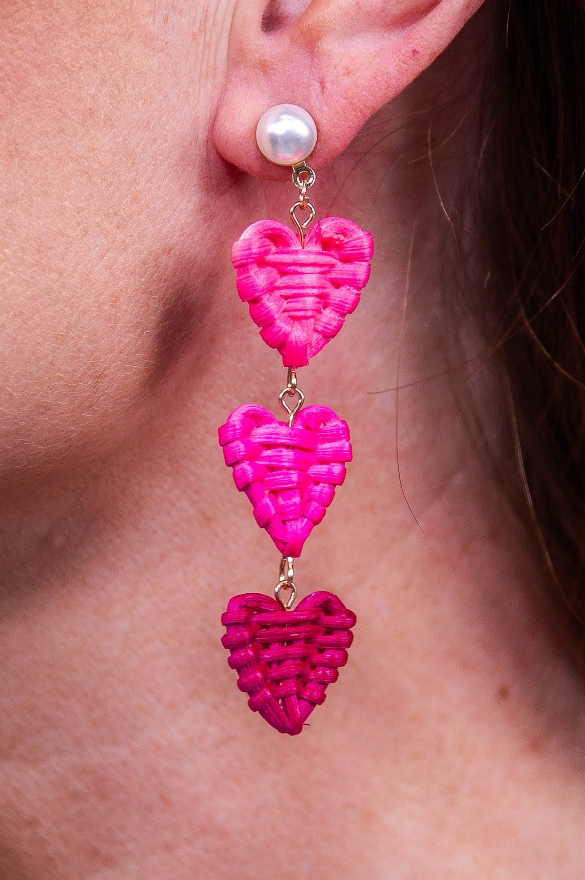 Pink Rattan Triple Heart Drop Earrings - EAR4458PK