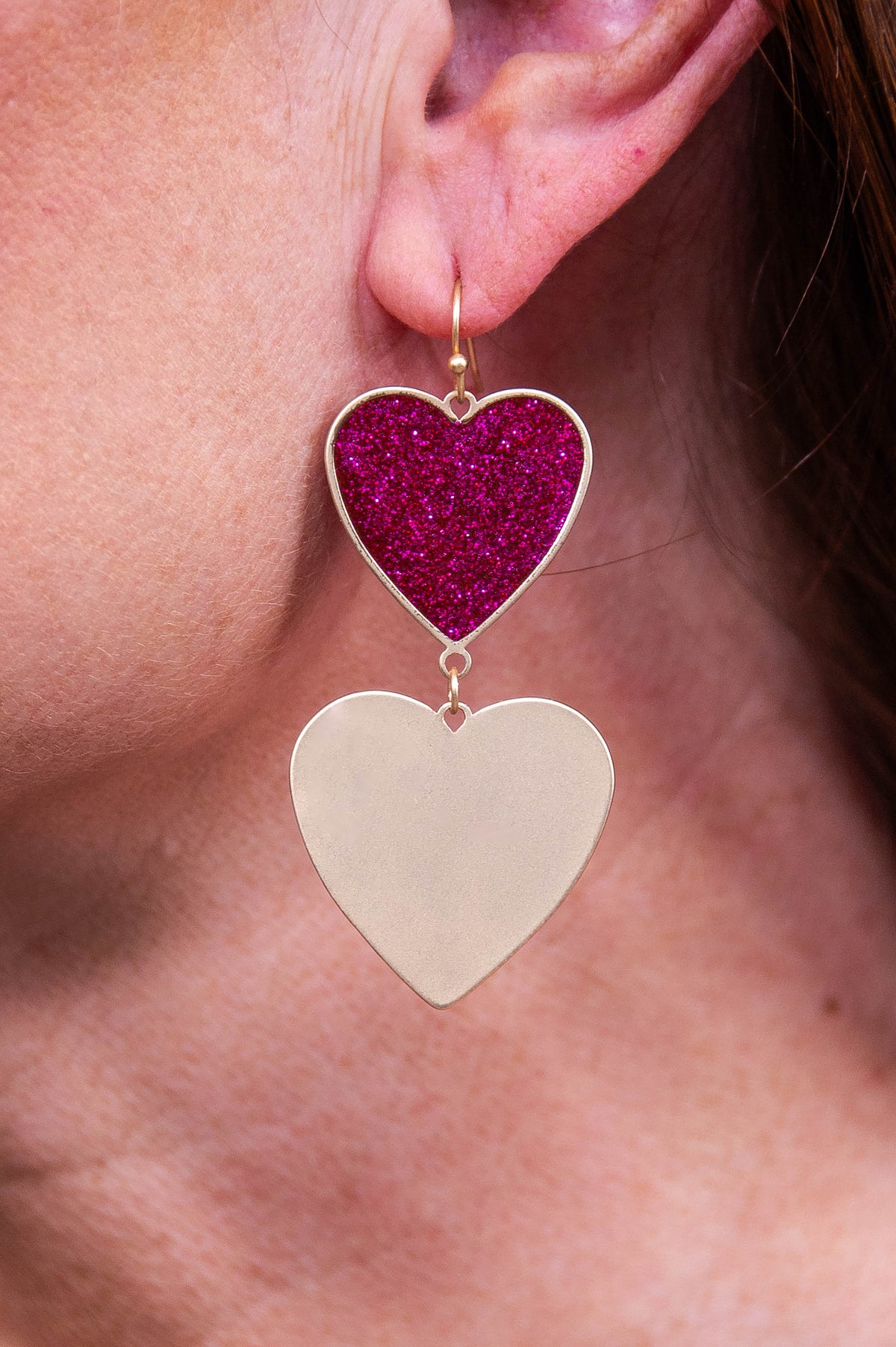 Magenta Glitter Double Heart Dangle Earrings - EAR4459MG