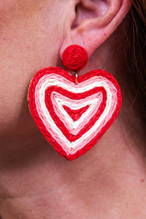 Red Wrapped Raffia Heart Drop Earrings - EAR4466RD